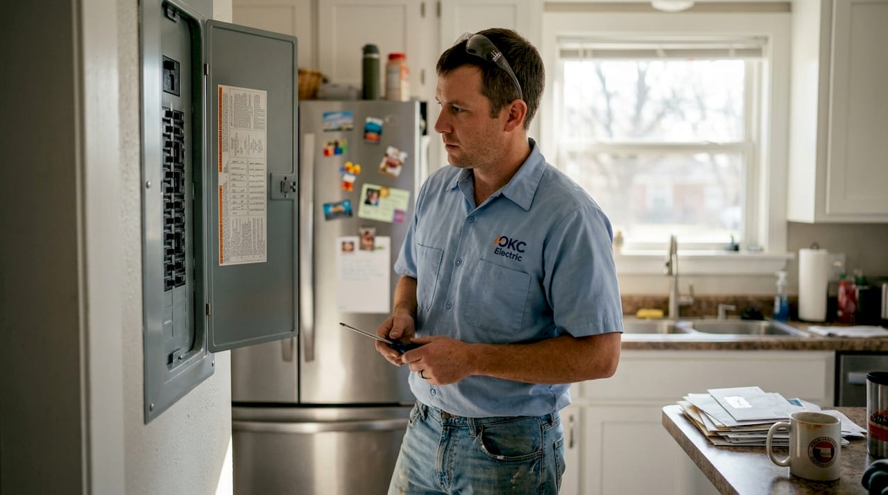 Electrician inspecting breaker panel in home kitchen
