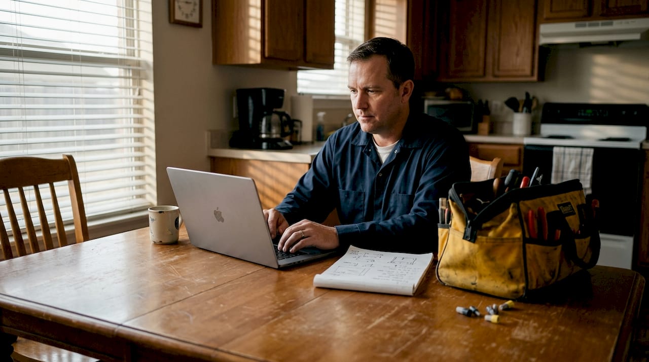 Electrician at kitchen table using online booking