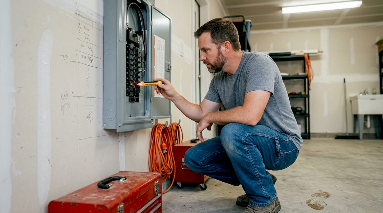 Electrician inspecting home electrical panel upgrade