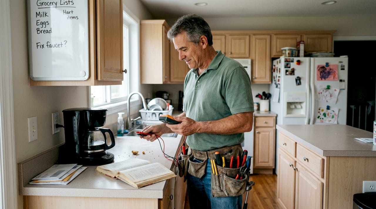 Electrician assessing outlets in home kitchen