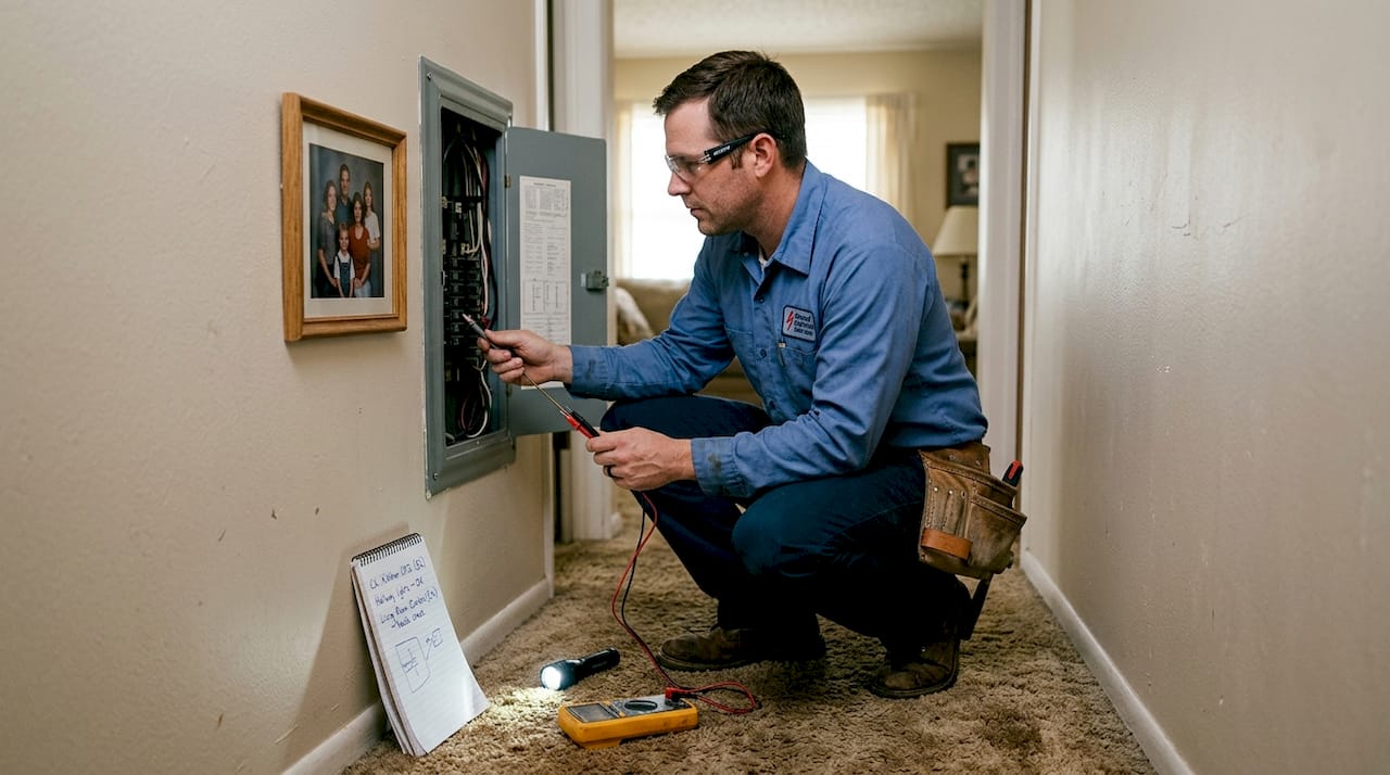 Electrician testing breaker panel in Edmond home