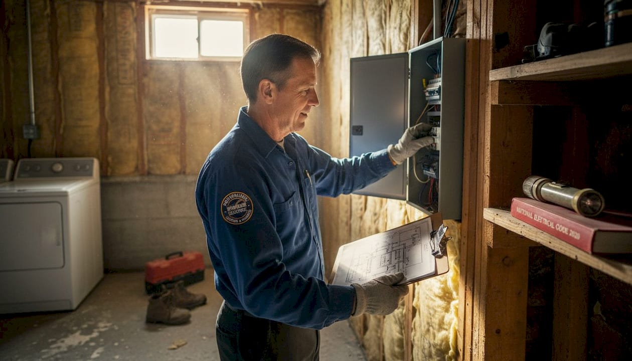 Electrician checks residential breaker panel for safety