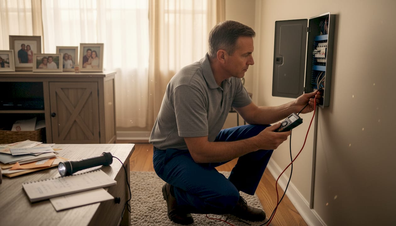 Electrician inspecting panel in family living room