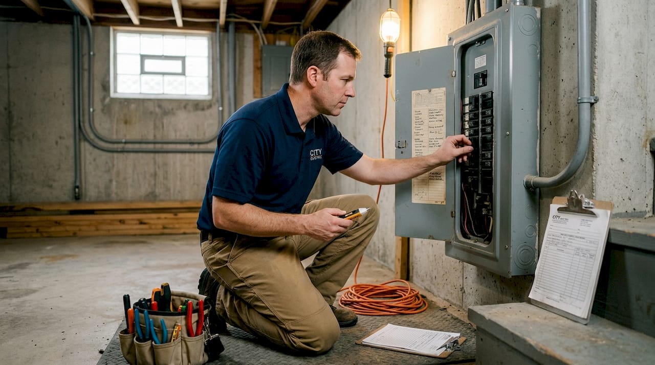 Electrician inspecting breaker panel in home basement