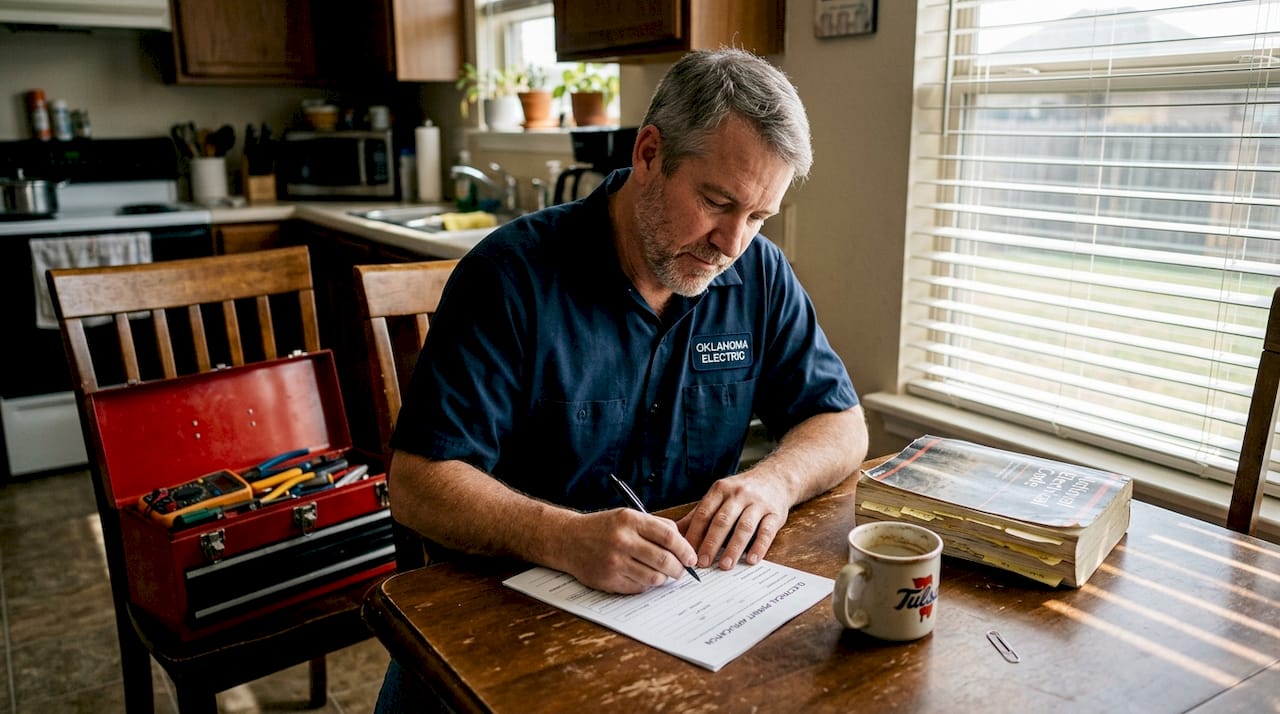 Electrician filling out permit at kitchen table