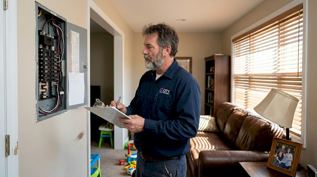 Electrician inspecting electrical panel in living room