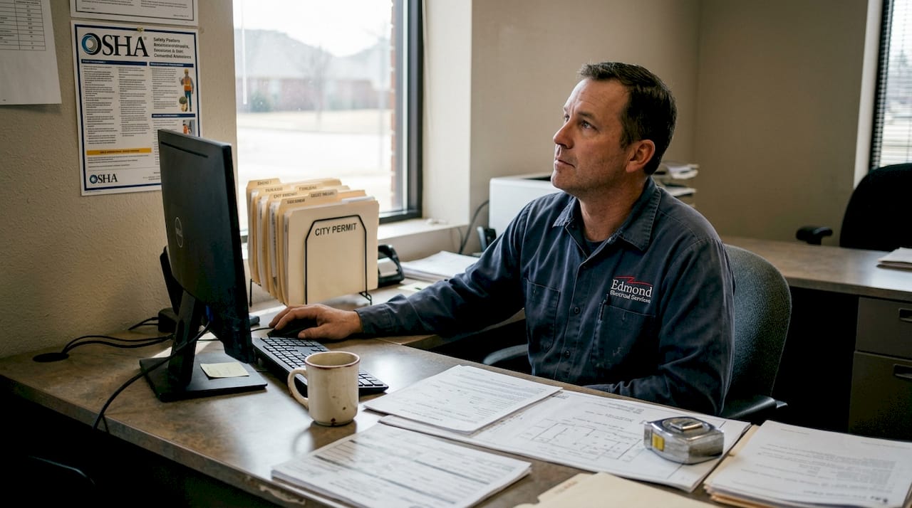 Electrician checking license at office desk