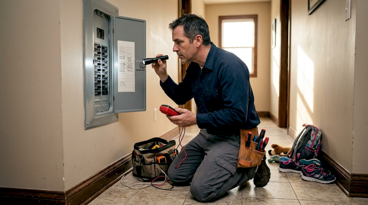 Electrician inspecting home electrical panel