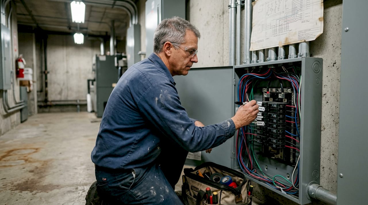 Electrician labeling wires in open commercial panel