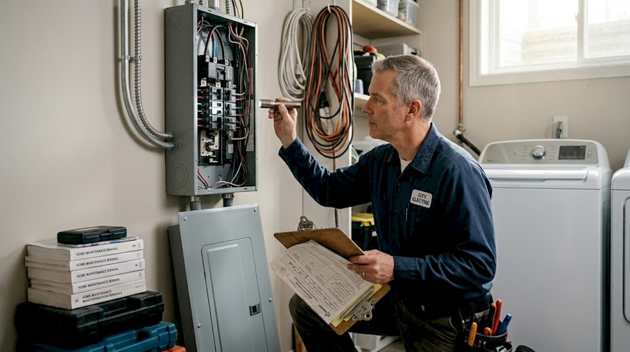 Electrician examining open electrical panel in home
