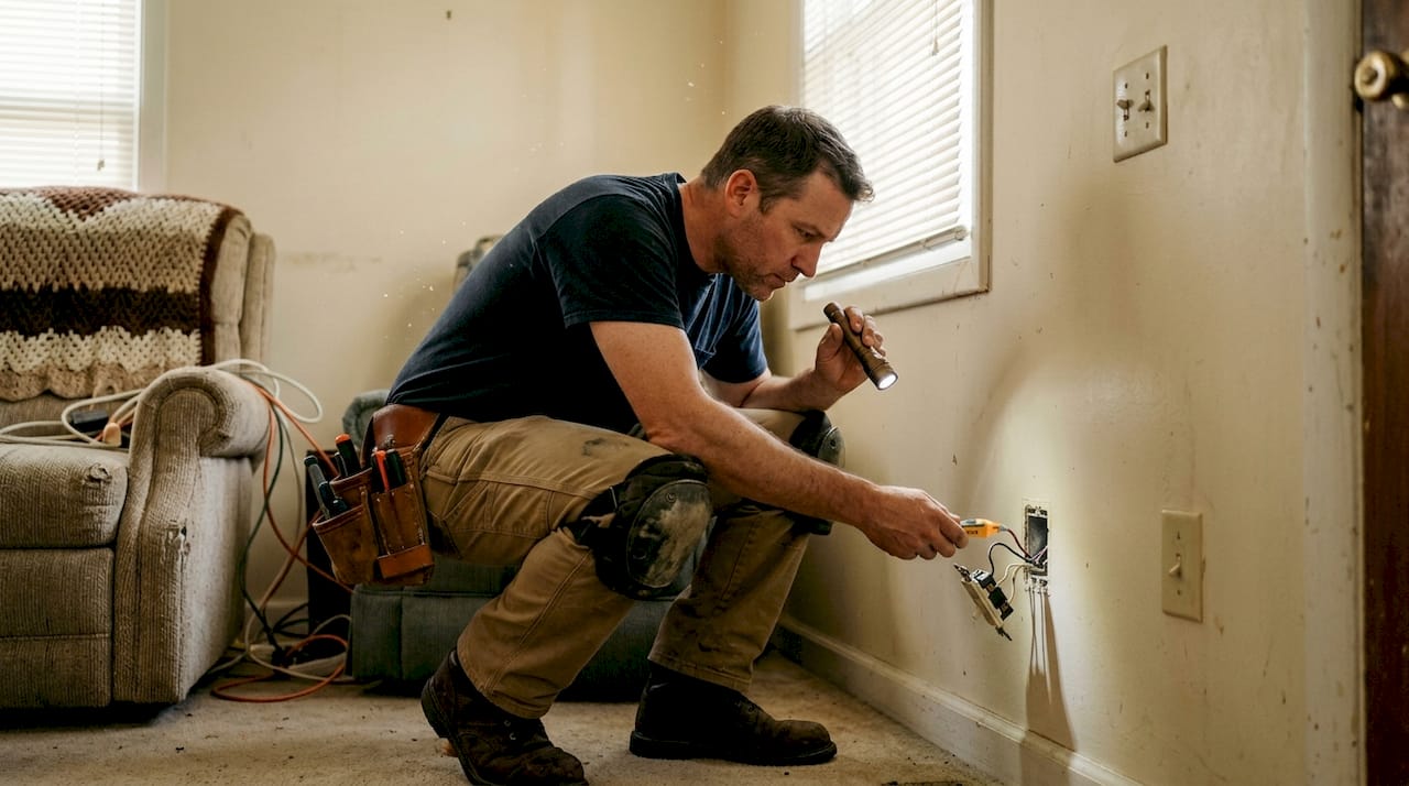 Electrician inspecting home wiring at outlet