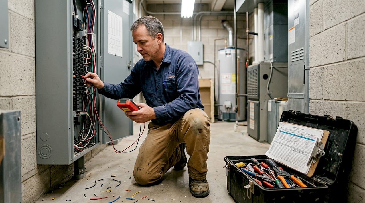 Electrician testing panel in office equipment room