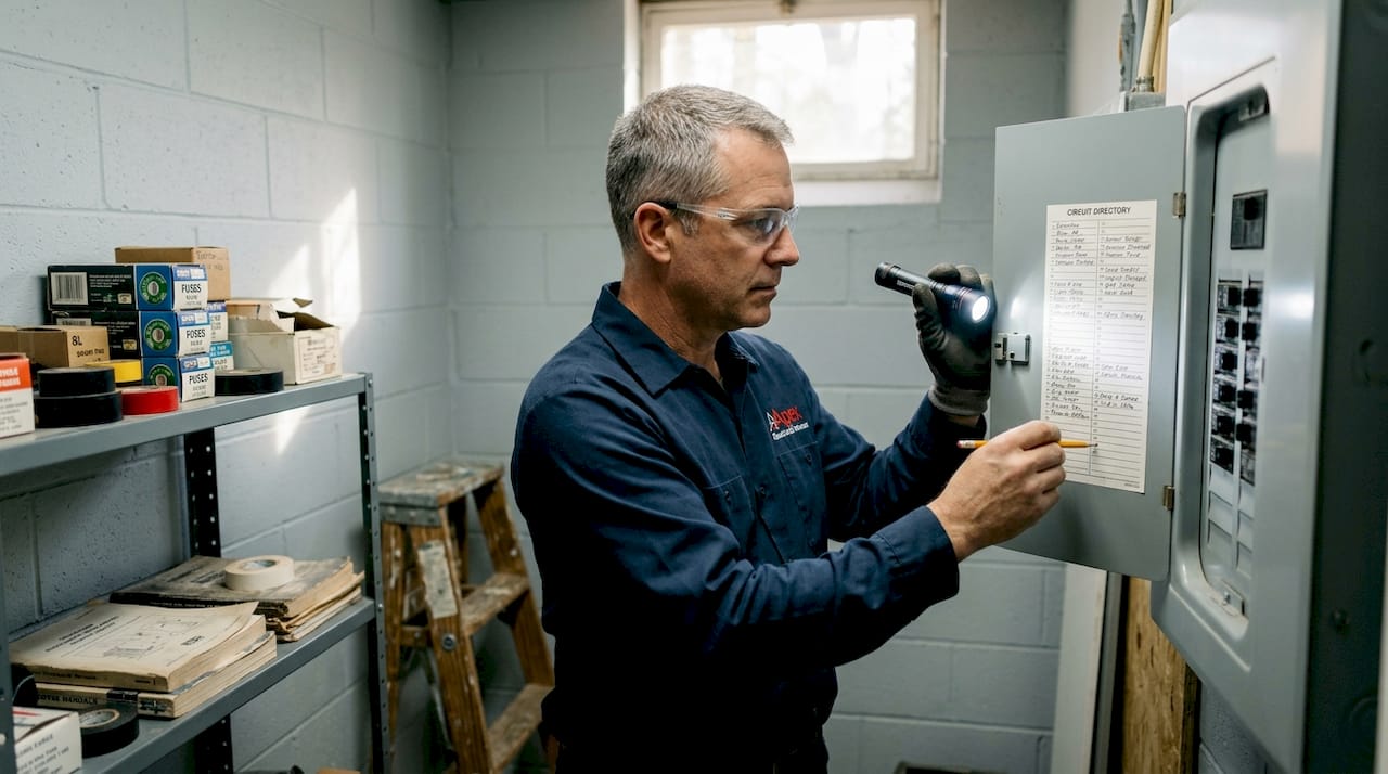 Electrician inspecting residential electrical panel