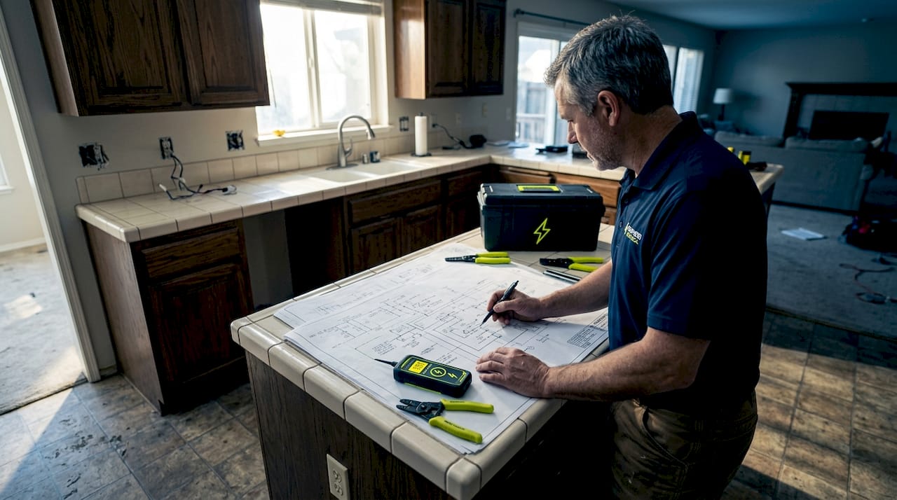 Electrician reviewing blueprints in Edmond kitchen