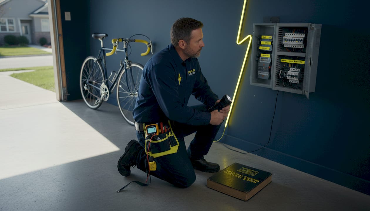 Electrician checking home electrical panel safely