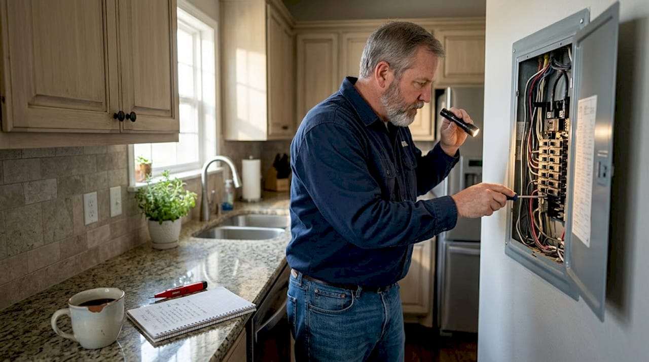 Homeowner inspecting electrical panel in kitchen