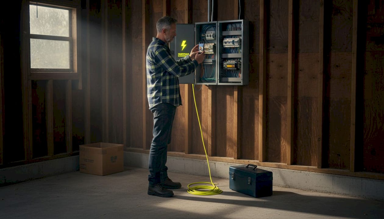 Homeowner photographing open electrical panel in garage