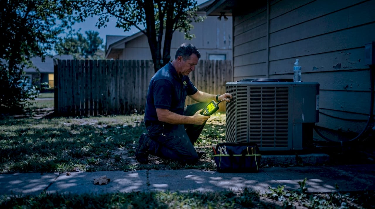 Technician inspecting Edmond home HVAC system