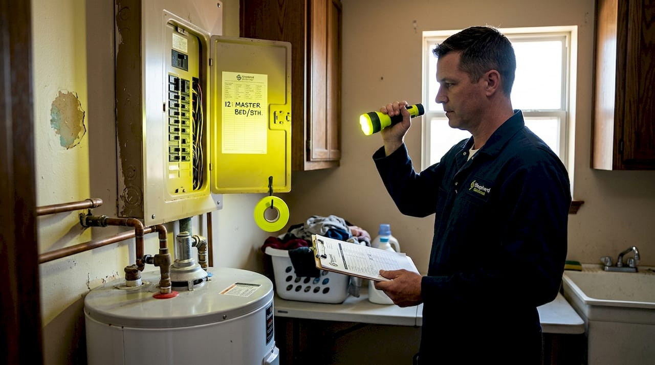 Electrician reviewing home electrical panel and checklist