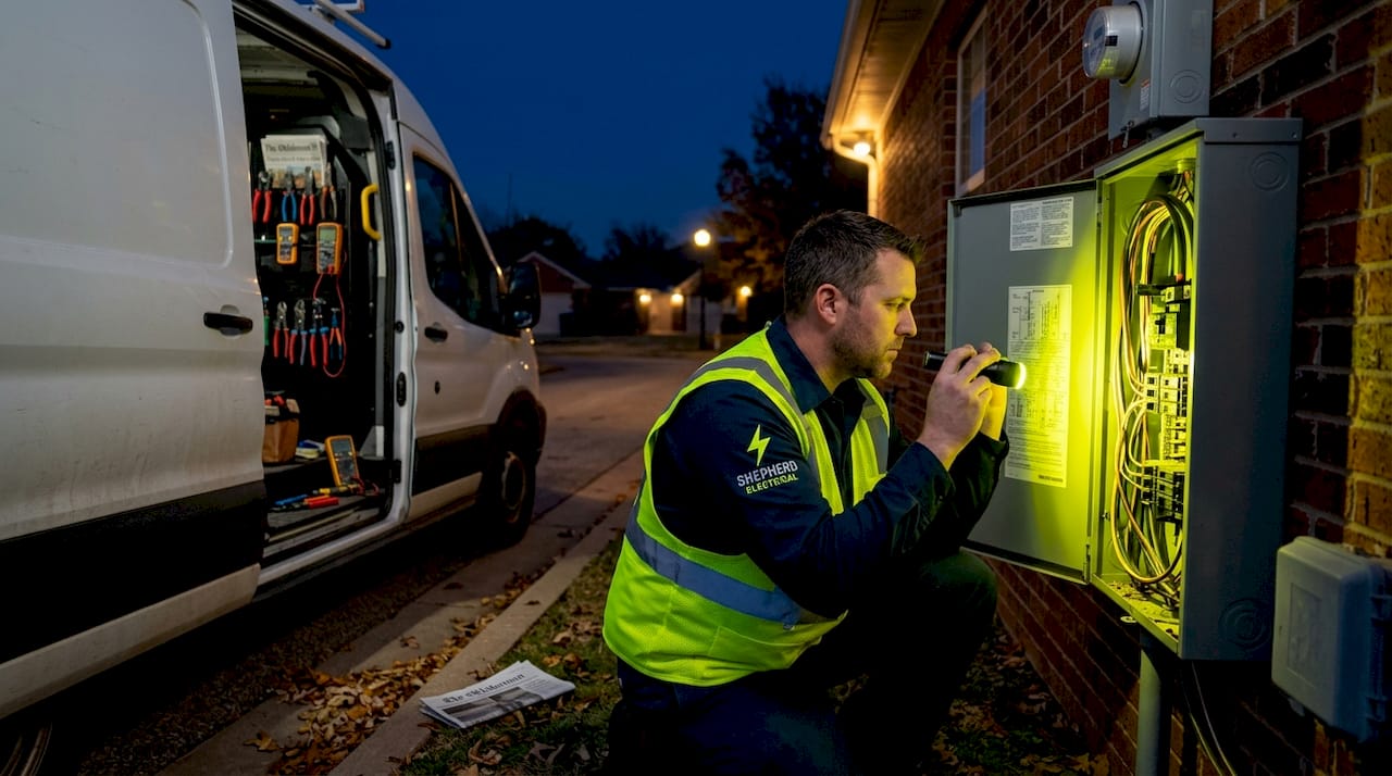 Electrician checks exterior panel at Oklahoma City home