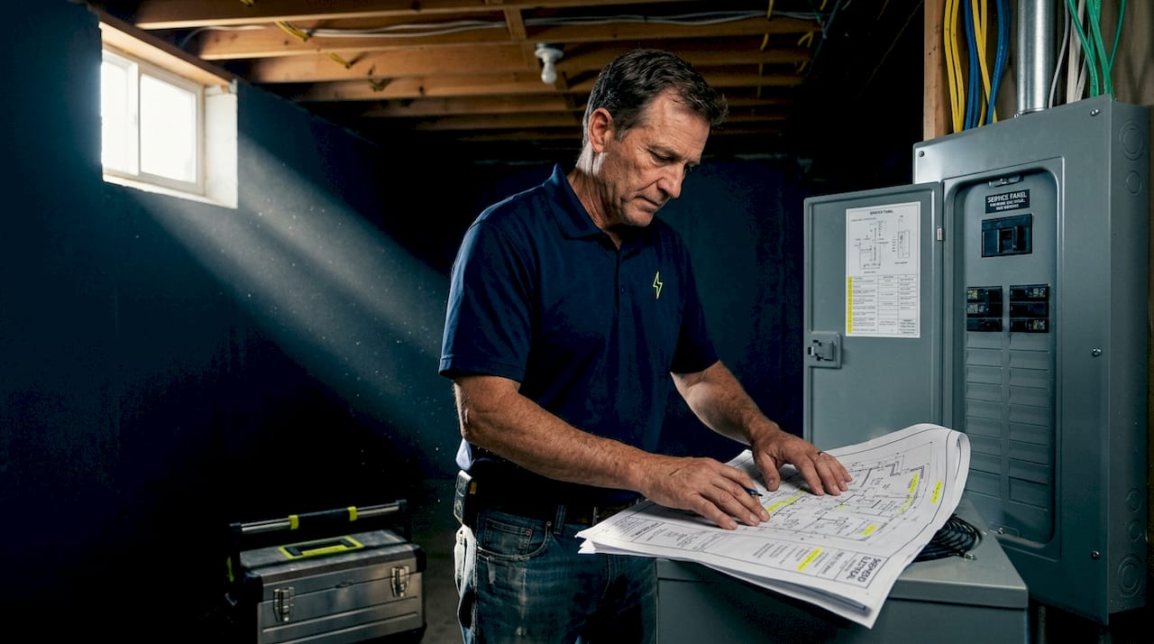 Electrician reviewing wiring plan in unfinished basement