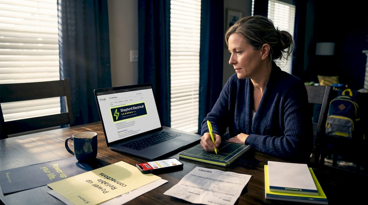 Woman reading electrician reviews at home table
