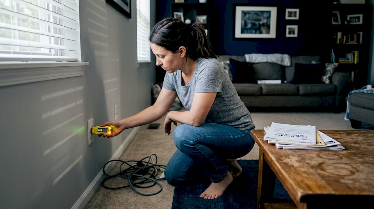 Homeowner testing outlet with yellow tester