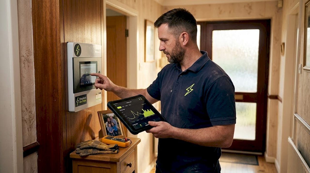 Electrician using smart panel and tablet in hallway