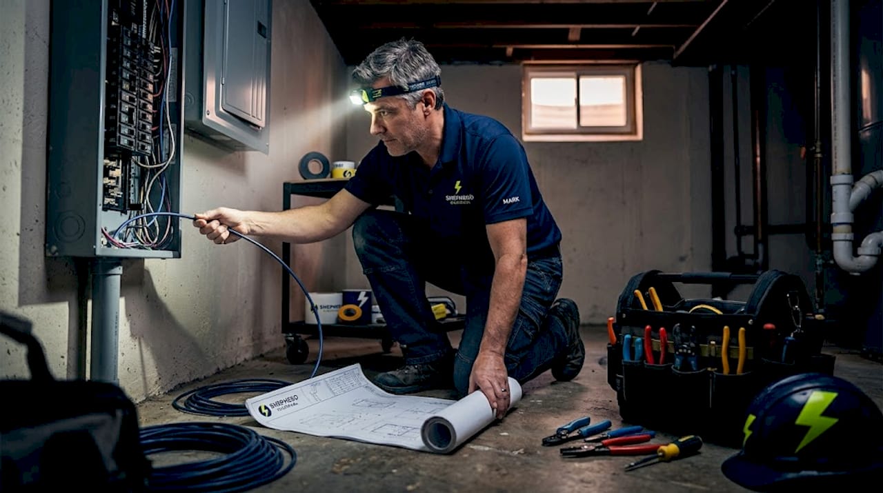 Electrician planning smart home wiring in living room
