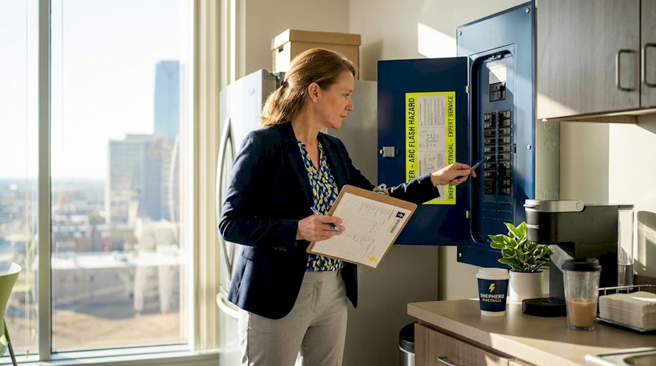 Property manager inspecting building electrical panel